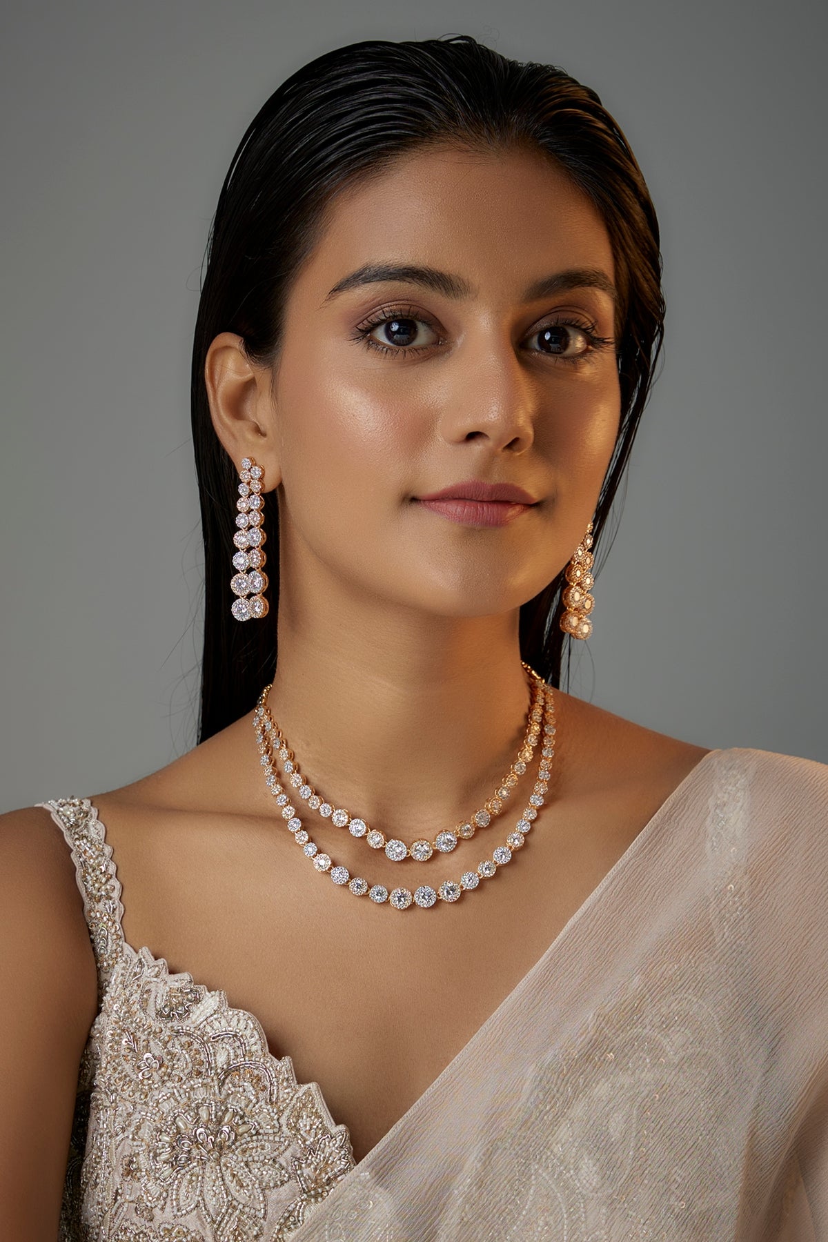 White Finish Zircon Layered Necklace Set