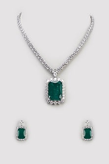 White Finish Emerald Stone & Zircon Long Necklace Set