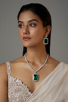 White Finish Emerald Stone & Zircon Long Necklace Set