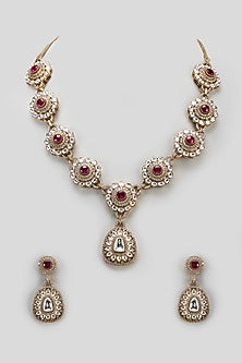 Gold Finish Kundan Polki & Ruby Stone Long Necklace Set