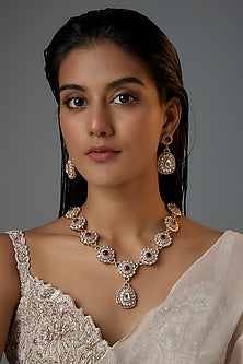 Gold Finish Kundan Polki & Ruby Stone Long Necklace Set