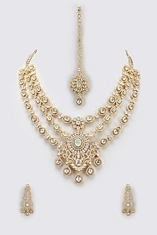 Gold Finish Light Blue Stone & Zircon Long Layered Necklace Set