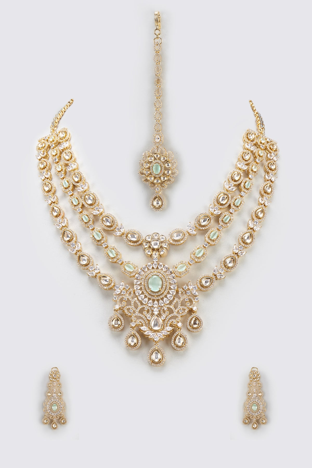 Gold Finish Light Blue Stone & Zircon Long Layered Necklace Set