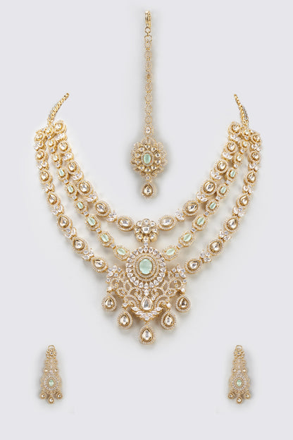 Gold Finish Light Blue Stone & Zircon Long Layered Necklace Set