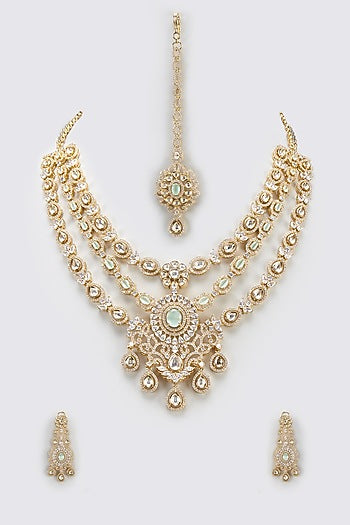 Gold Finish Light Blue Stone & Zircon Long Layered Necklace Set