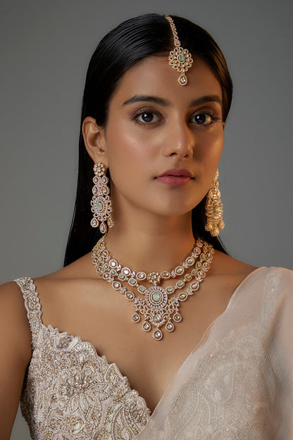 Gold Finish Light Blue Stone & Zircon Long Layered Necklace Set