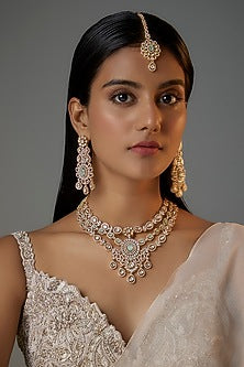 Gold Finish Light Blue Stone & Zircon Long Layered Necklace Set