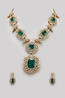 Gold Finish Zircon & Emerald Stone Long Necklace Set