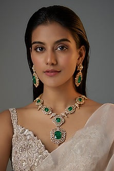 Gold Finish Zircon & Emerald Stone Long Necklace Set