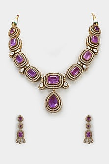 Gold Finish Light Purple Stone & Zircon Long Necklace Set