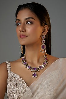 Gold Finish Light Purple Stone & Zircon Long Necklace Set