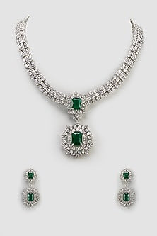 White Finish Emerald Stone & Zircon Long Necklace Set
