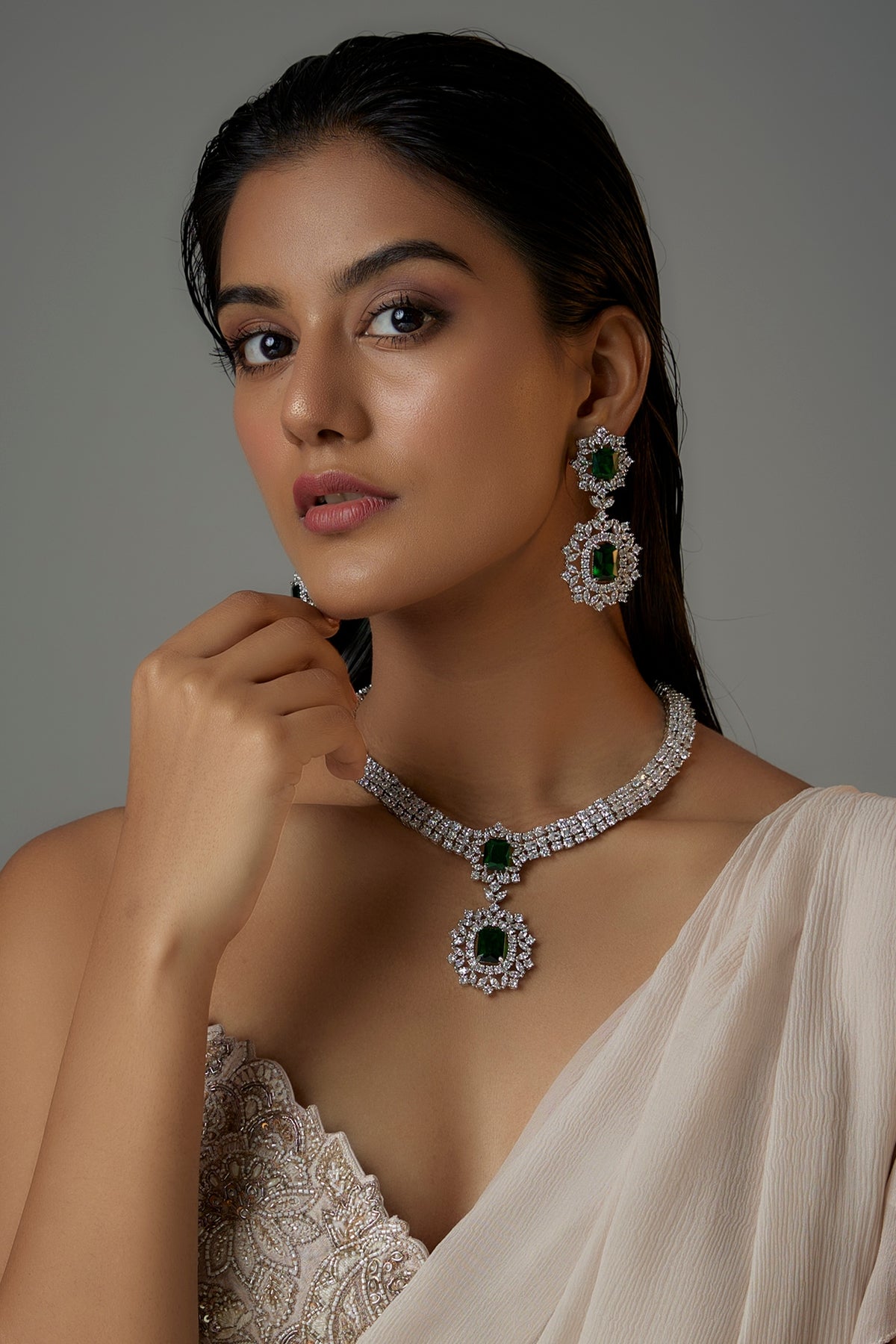 White Finish Emerald Stone & Zircon Long Necklace Set