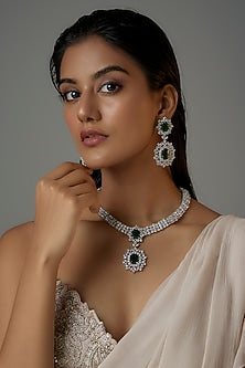 White Finish Emerald Stone & Zircon Long Necklace Set