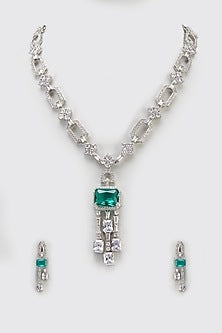White Finish Aqua Stone & Zircon Long Necklace Set