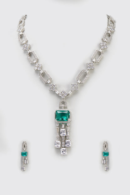 White Finish Aqua Stone & Zircon Long Necklace Set