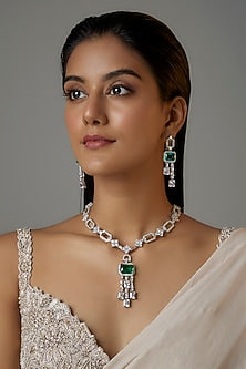 White Finish Aqua Stone & Zircon Long Necklace Set