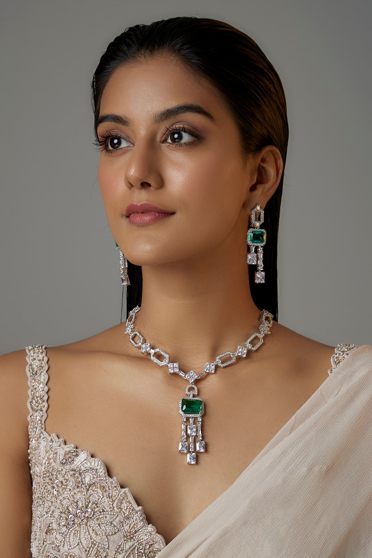 White Finish Aqua Stone & Zircon Long Necklace Set