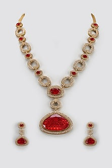 Gold Finish Ruby Stone & Zircon Long Necklace Set
