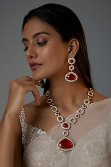 Gold Finish Ruby Stone & Zircon Long Necklace Set