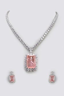 White Finish Light Pink Stone & Zircon Long Necklace Set