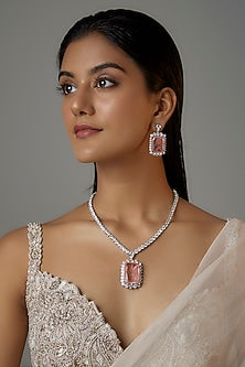 White Finish Light Pink Stone & Zircon Long Necklace Set