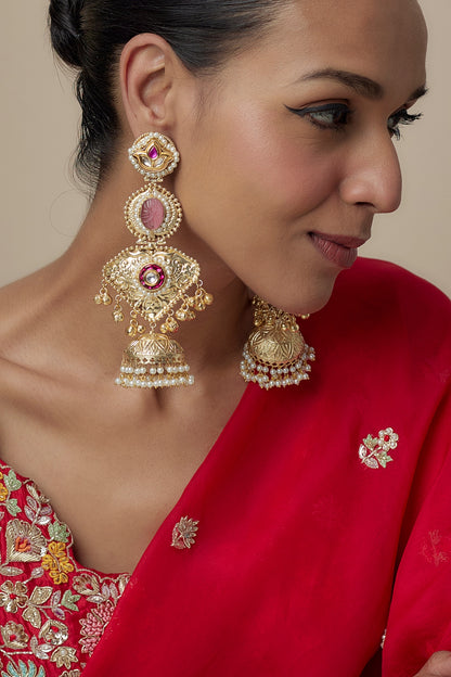Gold Finish Moissanite & Ruby Stone Dangler Earrings