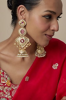 Gold Finish Moissanite & Ruby Stone Dangler Earrings