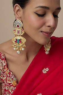 Gold Finish Moissanite & Ruby Stone Dangler Earrings