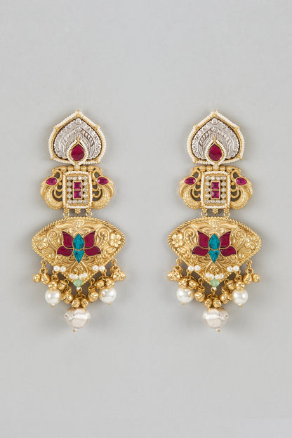 Gold Finish Moissanite & Ruby Stone Dangler Earrings