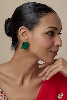 Gold Finish Emerald Stone Stud Earrings