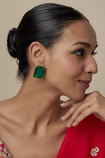 Gold Finish Emerald Stone Stud Earrings