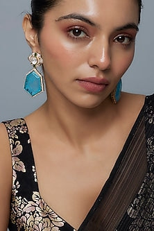 Gold Finish Moissanite & Aquamarine Stone Dangler Earrings