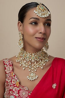 Gold Finish Moissanite & Pearl Beaded Choker Necklace Set