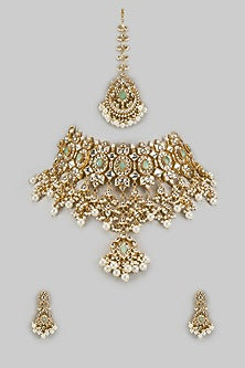 Gold Finish Moissanite & Pearl Beaded Choker Necklace Set