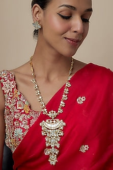 Gold Finish Kundan Polki & Pearl Beaded Long Necklace Set