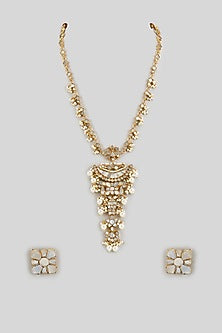 Gold Finish Kundan Polki & Pearl Beaded Long Necklace Set