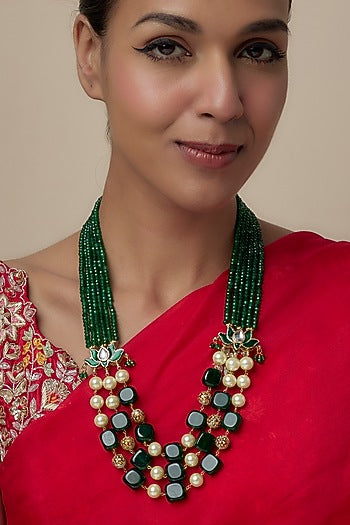 Gold Finish Emerald Stone & Pearl Beaded Long Necklace