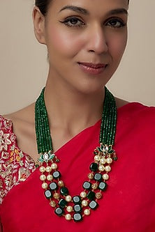 Gold Finish Emerald Stone & Pearl Beaded Long Necklace