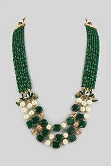 Gold Finish Emerald Stone & Pearl Beaded Long Necklace