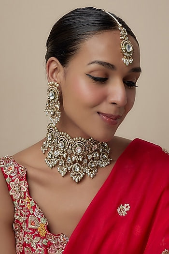 Gold Finish Moissanite Stone Choker Necklace Set
