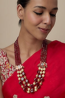 Gold Finish Ruby Stone & Pearl Beaded Long Necklace
