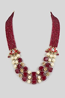Gold Finish Ruby Stone & Pearl Beaded Long Necklace