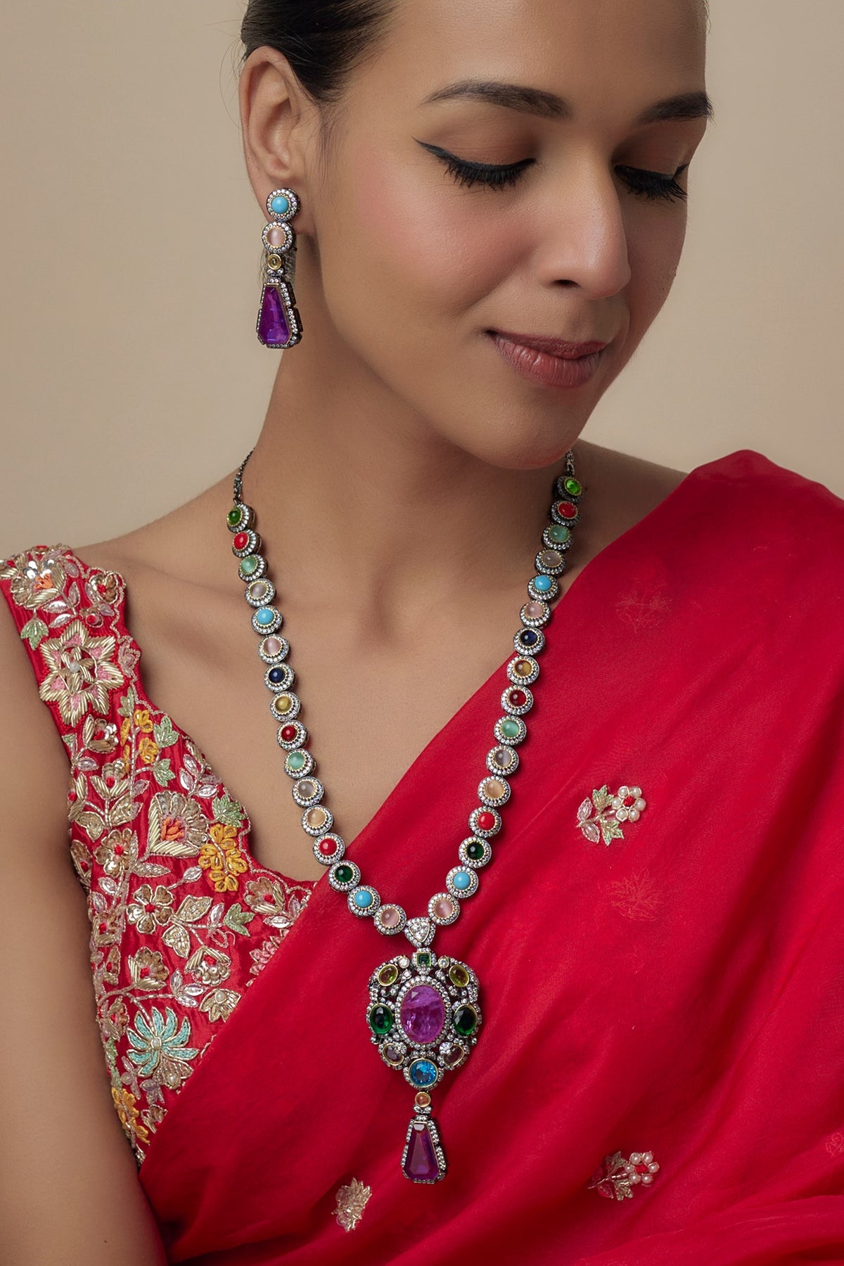 Gold Finish Zircon & Multi-Colored Stone Long Necklace Set