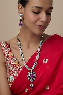 Gold Finish Zircon & Multi-Colored Stone Long Necklace Set