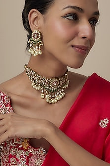 Gold Finish Moissanite & Pearl Beaded Choker Necklace Set