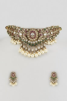 Gold Finish Moissanite & Pearl Beaded Choker Necklace Set