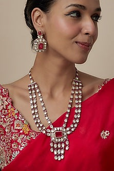 Gold Finish Moissanite & Ruby Stone Long Necklace Set