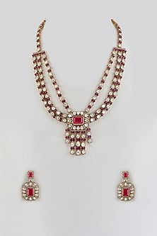 Gold Finish Moissanite & Ruby Stone Long Necklace Set