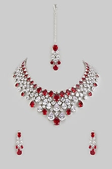 White Finish Zircon & Ruby Stone Choker Necklace Set